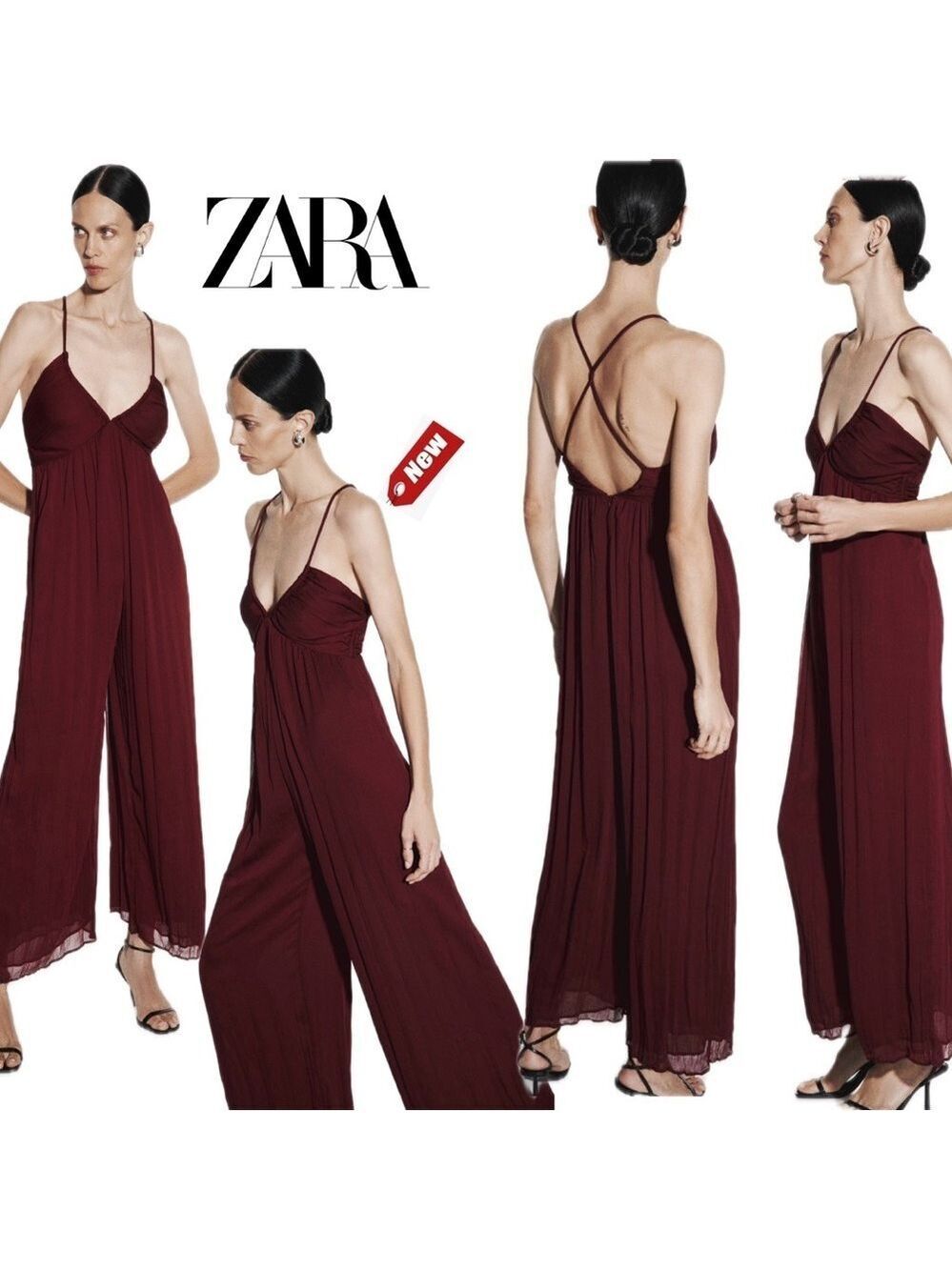 Zara burgundy V-neck crisscross spaghetti strap wide leg jumpsuit Sz S NWT